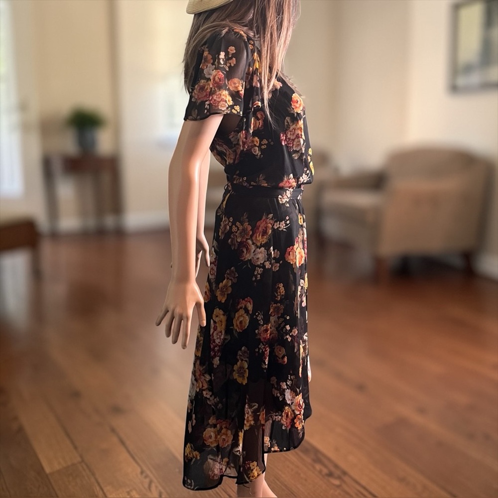 DKNY Black Floral High Low Chiffon Dress Size 16 Flutter Sleeve - Picture 4 of 8